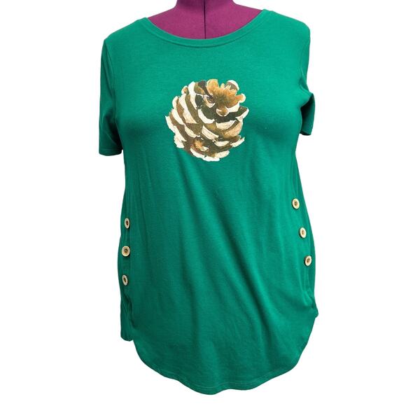 Hand Printed Upcycled Women Plus Size 1X Rustic Woody Pine Cone Short Sleeve Tee - Picture 1 of 4
